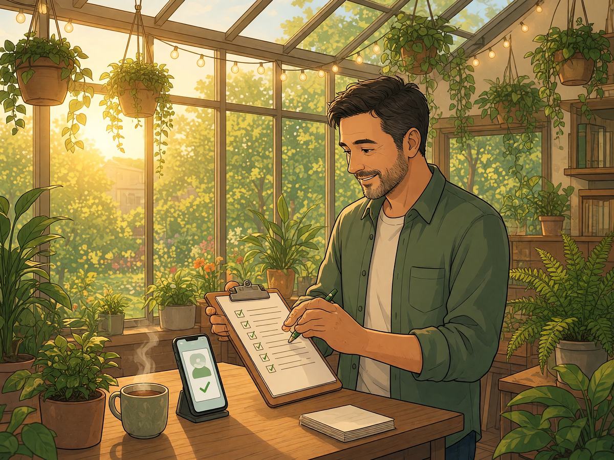 A man in a sunny greenhouse ticks names off a list while his phone shows a green check