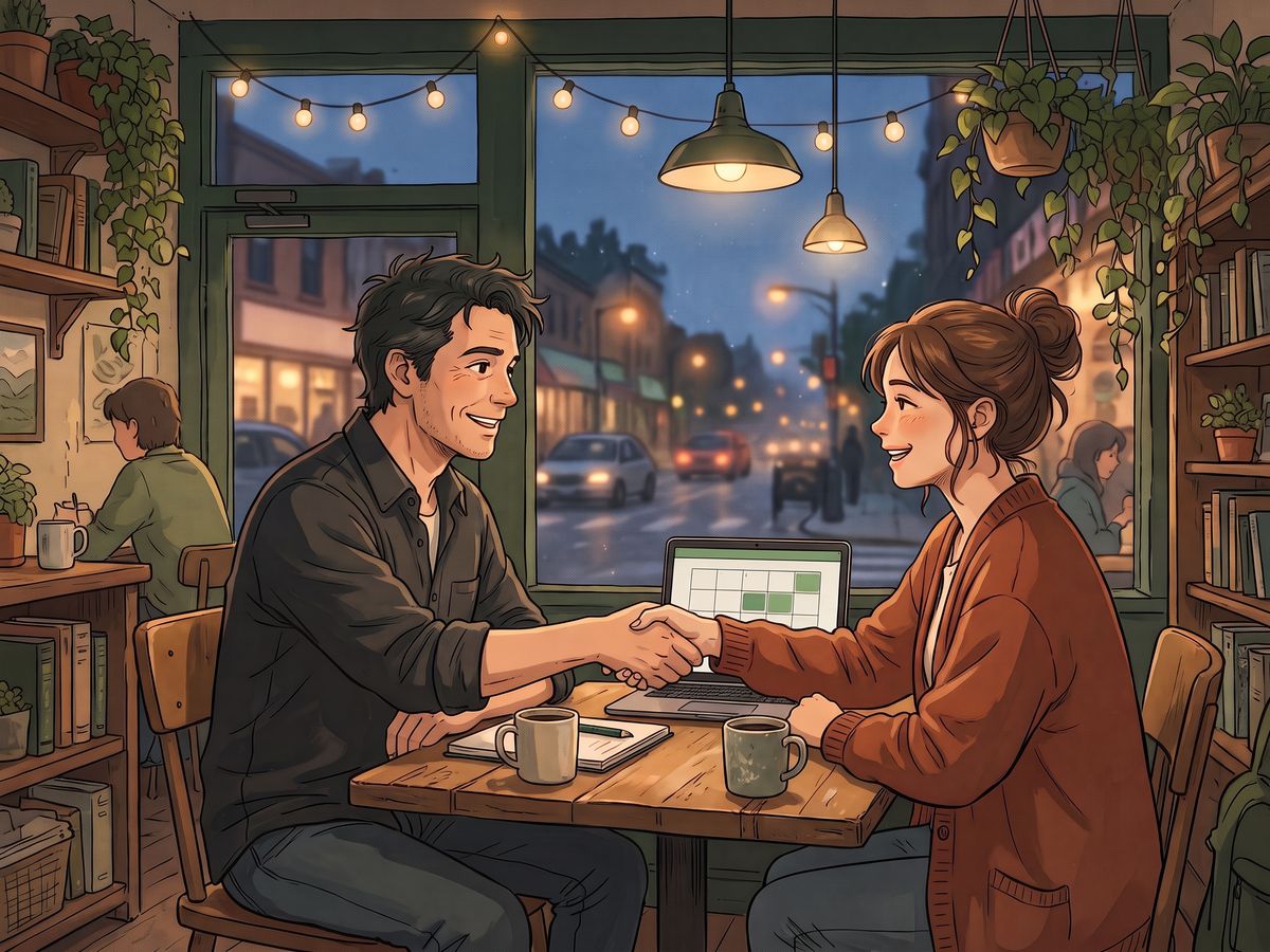 Two people shake hands over coffee in a cozy cafe