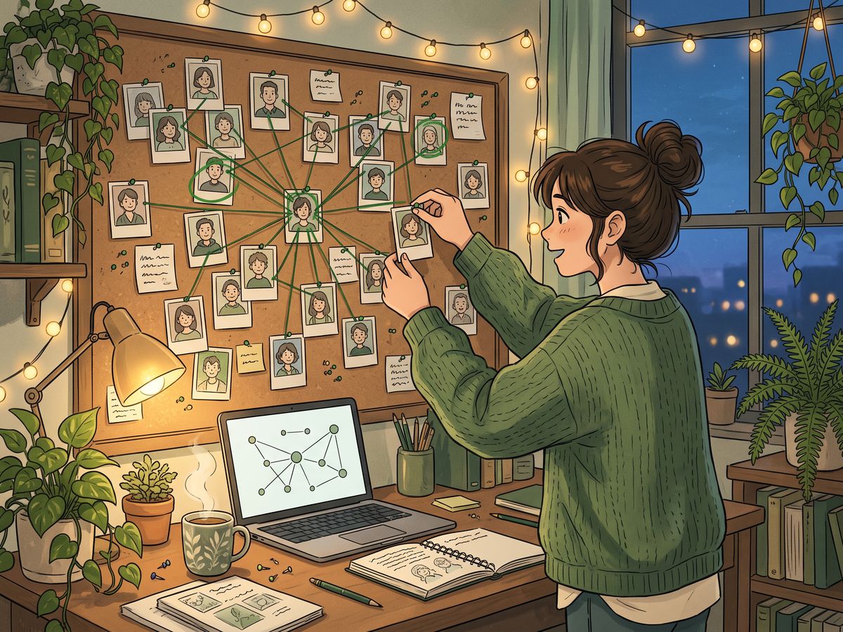 A woman pins photos of people to a board, linked with green string