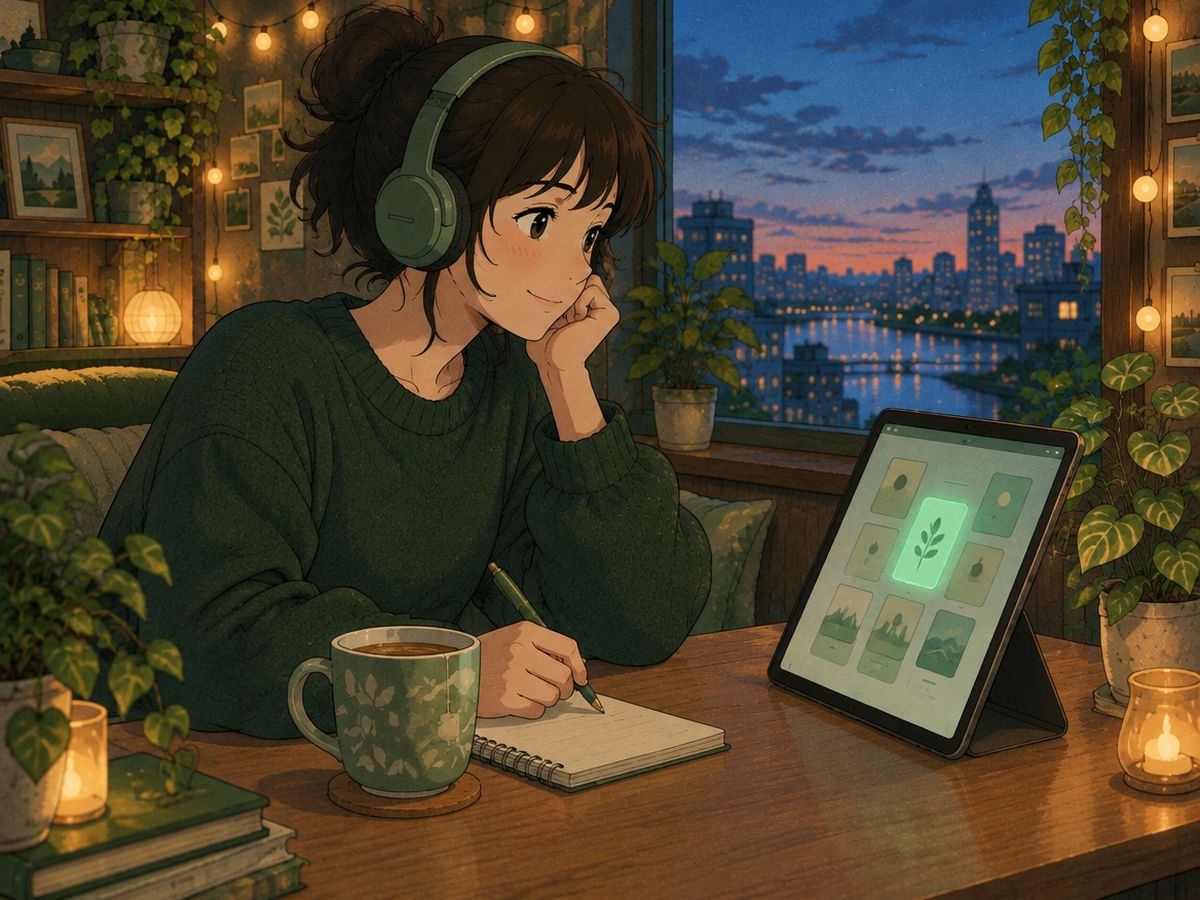 A woman picks one glowing card on a tablet and writes notes